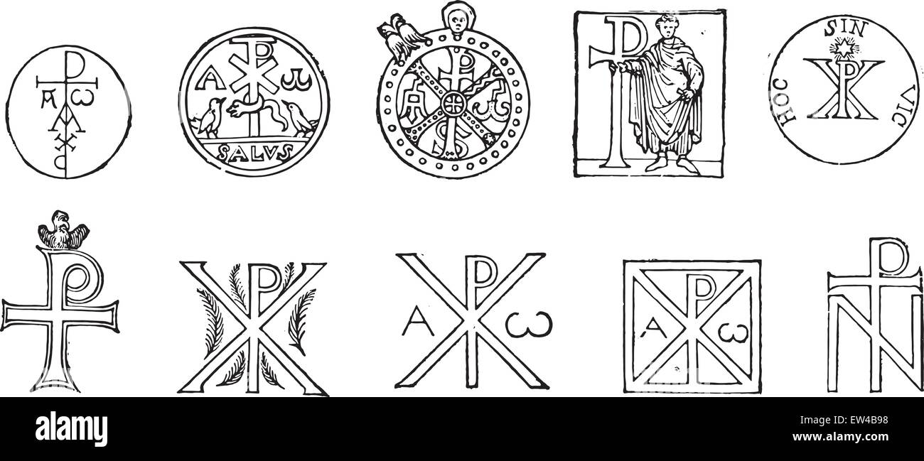 Monograms of Christ, whose origin goes back (except for the first two) in the first centuries of the Church, vintage engraved illustration. Industrial encyclopedia E.-O. Lami - 1875. Stock Vector