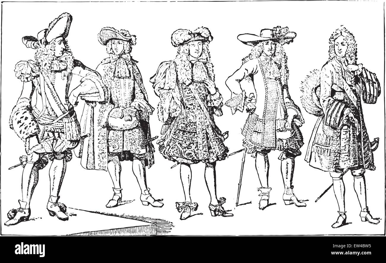 French gentlemen (1675-1694), vintage engraved illustration. Industrial encyclopedia E.-O. Lami - 1875. Stock Vector