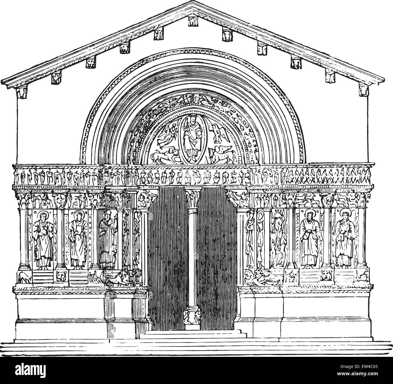 St. Trophime Church, Arles, vintage engraved illustration. Industrial encyclopedia E.-O. Lami - 1875. Stock Vector