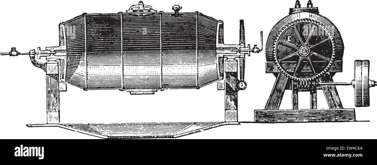Boiler, E. Transmission by which the boiler is set in motion by means of the worm F. A Tuyan steam arrival. G Manhole. G counterweight. H steam Exhaust Valve, vintage engraved illustration. Industrial encyclopedia E.-O. Lami - 1875. Stock Vector