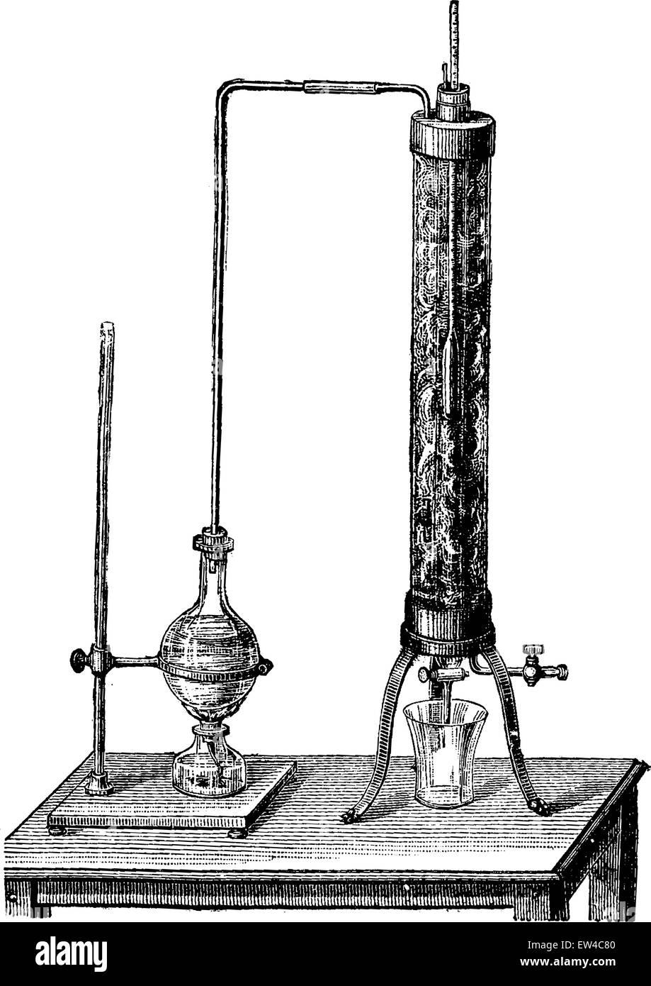Apparatus for testing the consistency of lubricating oils, vintage engraved illustration. Industrial encyclopedia E.-O. Lami - 1875. Stock Vector