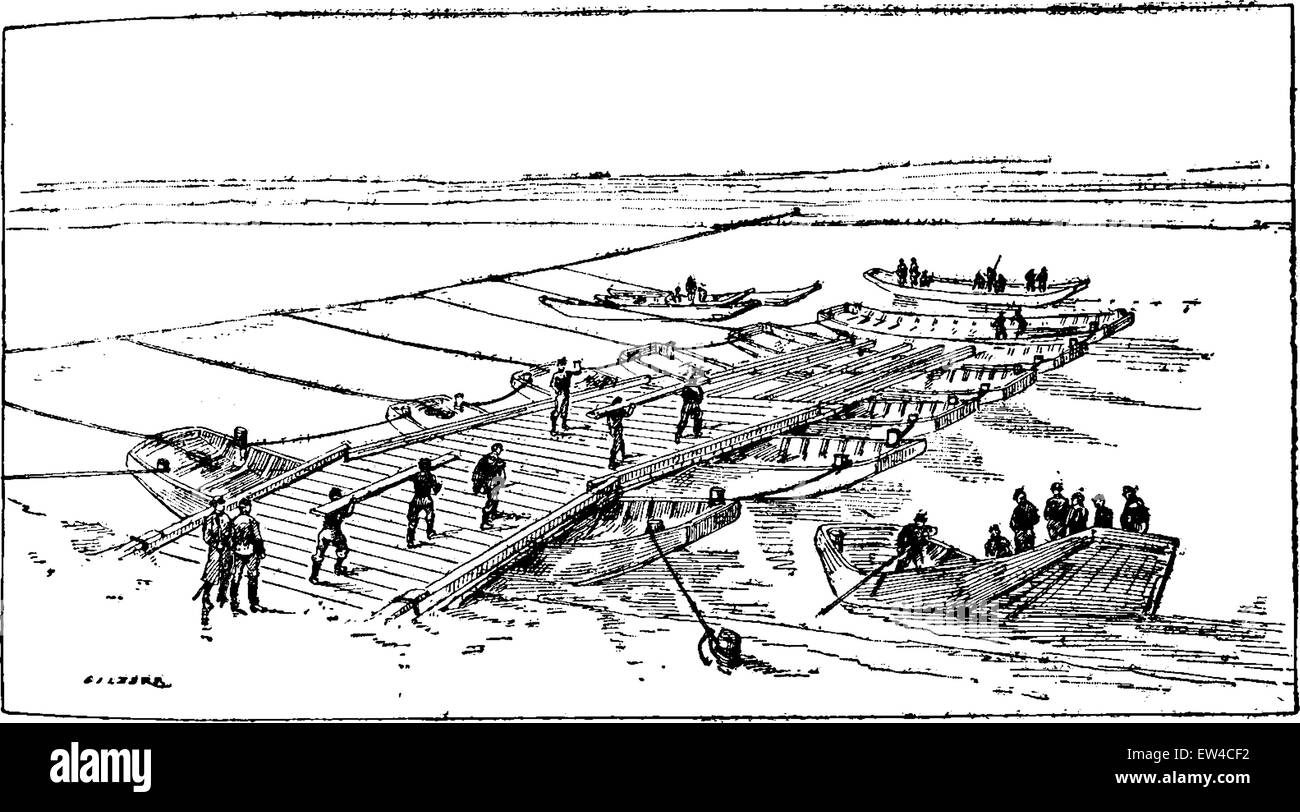 Construction of a bridge of boats, vintage engraved illustration. Industrial encyclopedia E.-O. Lami - 1875. Stock Vector