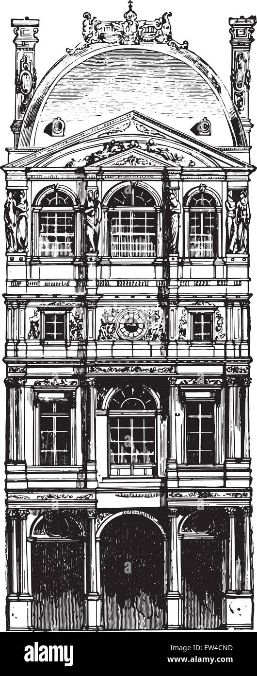 Pavillon Louvre by Pierre Lescot, vintage engraved illustration. Industrial encyclopedia E.-O. Lami - 1875. Stock Vector