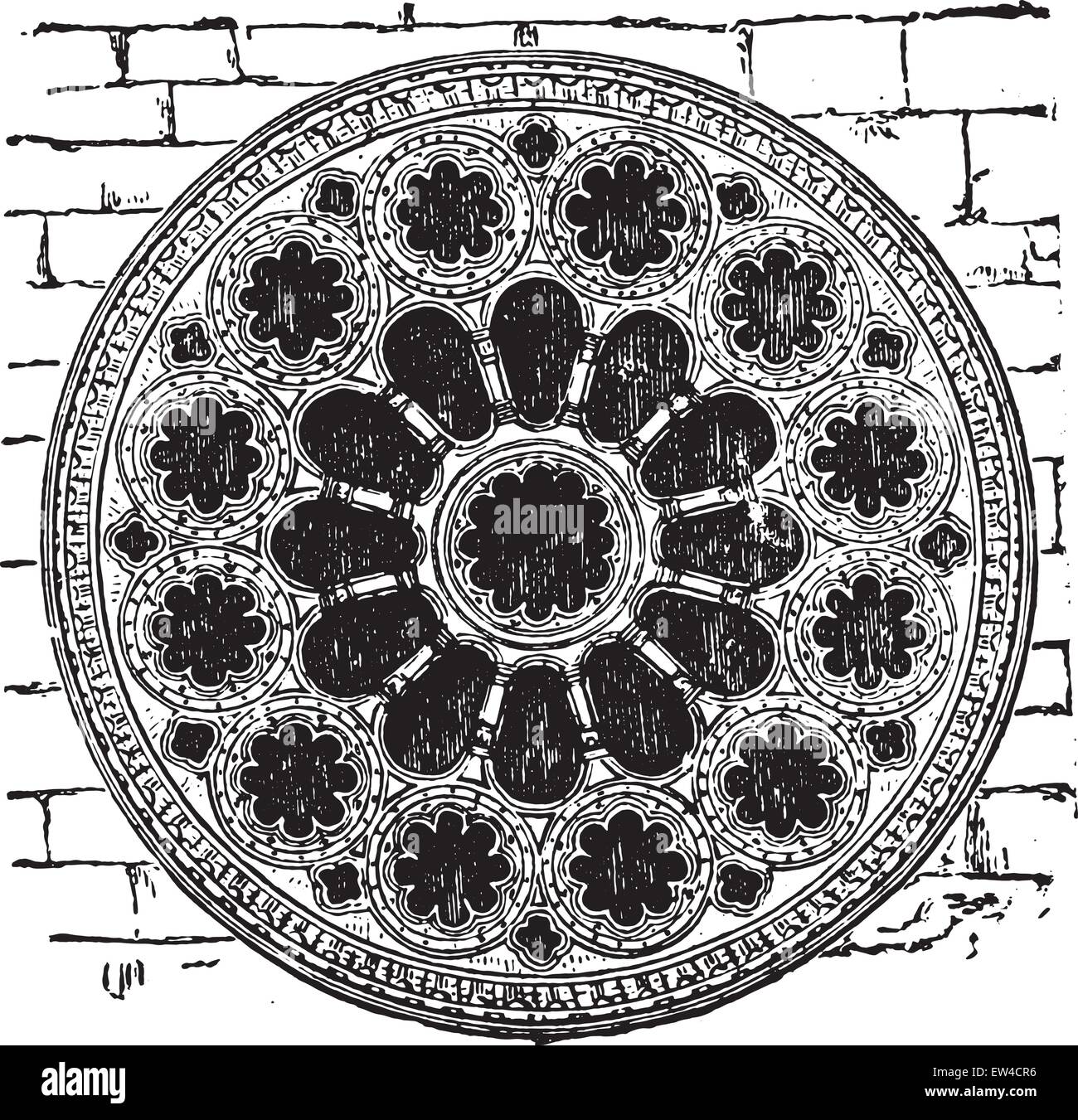 Rose of the cathedral of Chartres, the twelfth century, vintage engraved illustration. Industrial encyclopedia E.-O. Lami - 1875. Stock Vector