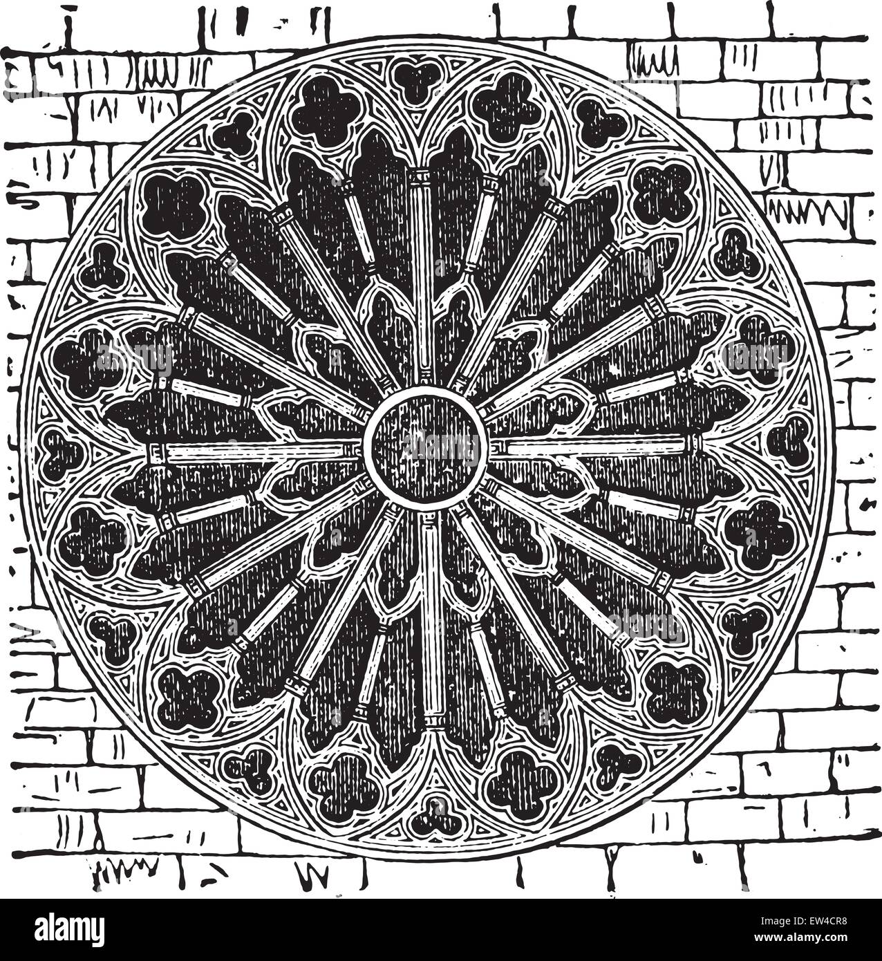 Rose of the Reims cathedral, the thirteenth century, vintage engraved illustration. Industrial encyclopedia E.-O. Lami - 1875. Stock Vector