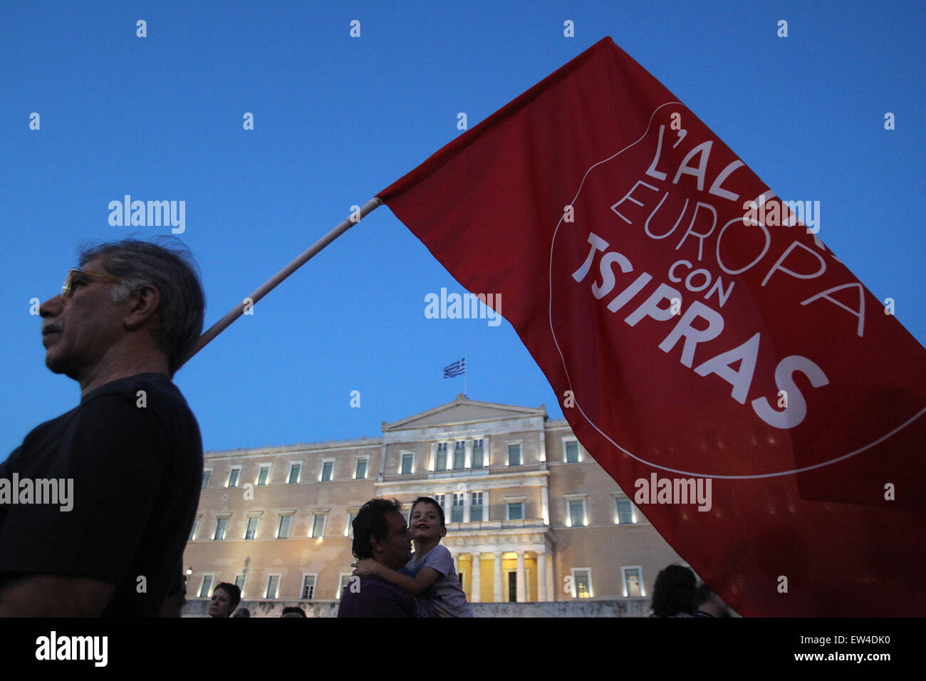 Athens. 17th June, 2015. Demonstrators rally in front of Greek Parliament in Athens, June 17, 2015. Following a call on the social-media by the group Eurochange Express, the rally that aims at defending Greece's dignity was organized under the slogan 'We take the negotiation into our hands - We knock down austerity'. © Marios Lolos/Xinhua/Alamy Live News Stock Photo