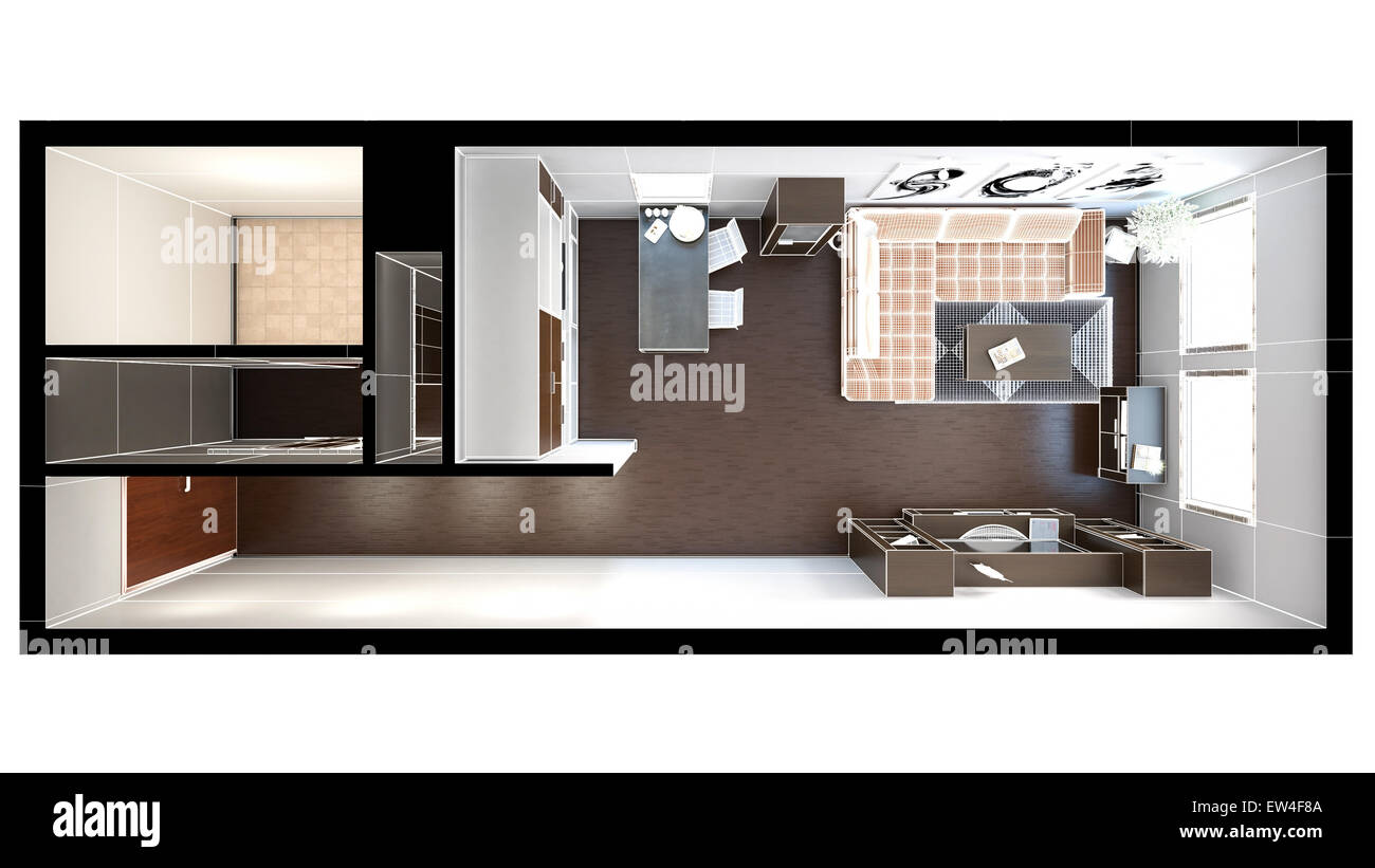3D interior rendering of a small loft with textures Stock Photo