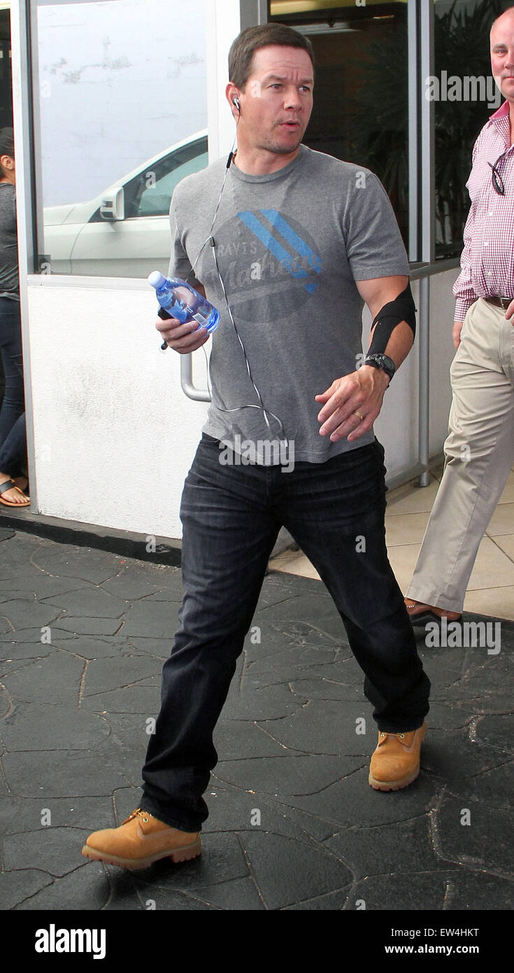 Mark Wahlberg leaves E Baldi n Beverly Hills wearing a Kinesiology Tape on his left arm  Featuring: Mark Wahlberg Where: Los Angeles, California, United States When: 16 Apr 2015 C Stock Photo