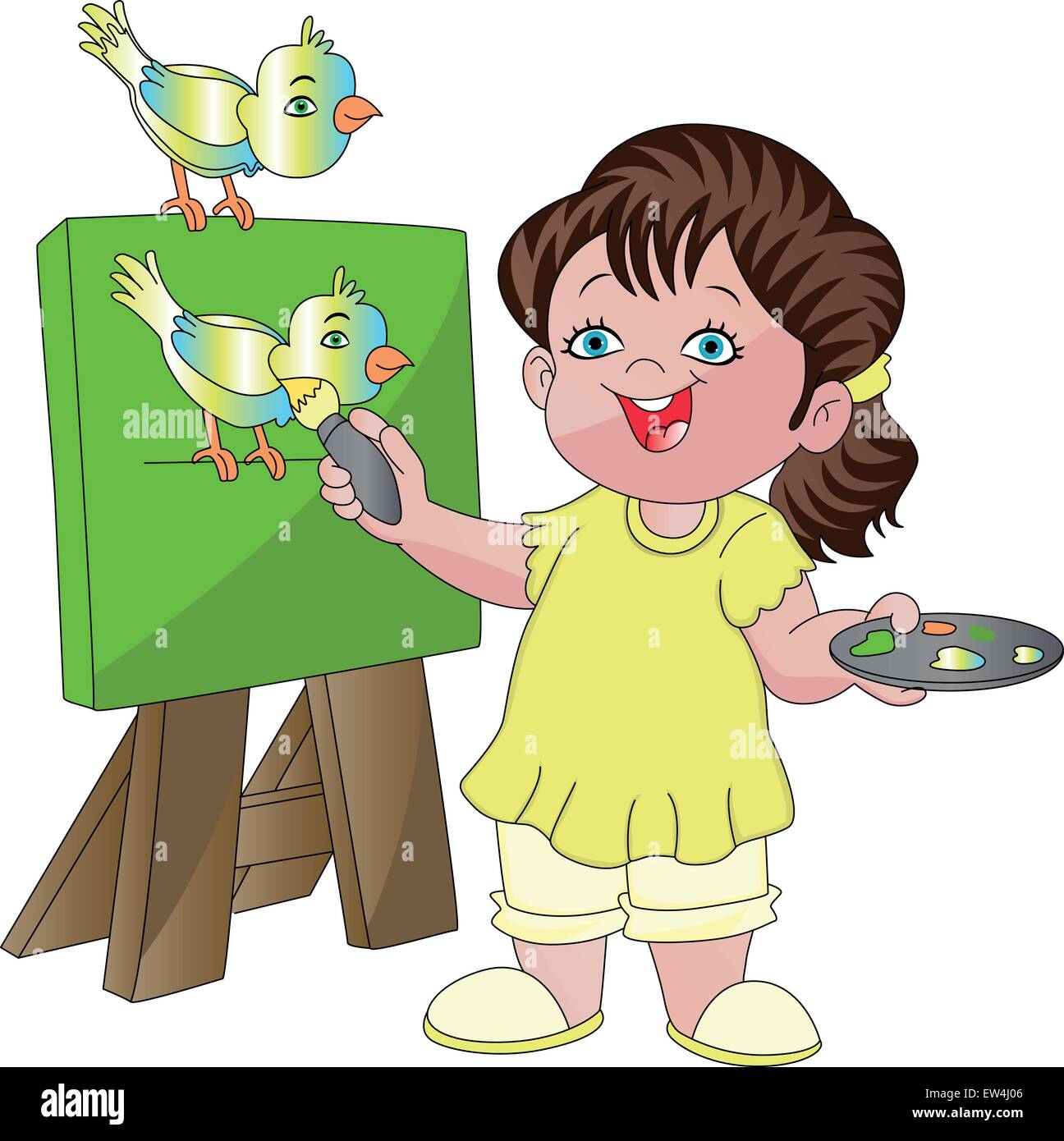 Vector illustration of pretty girl painting bird on canvas Stock Vector ...