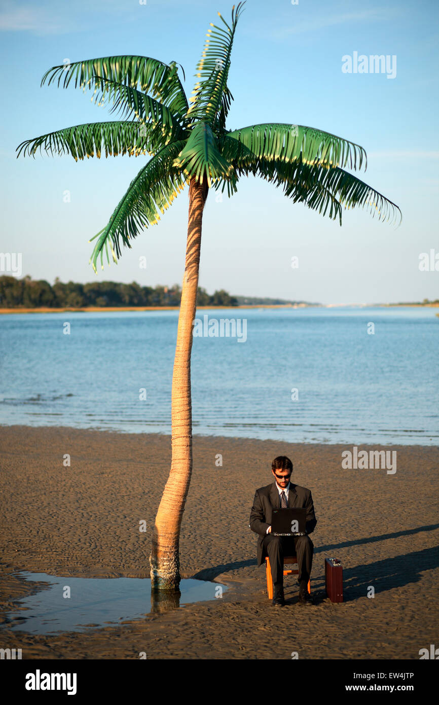 Businessman working on his laptop on a desert island Stock Photo Alamy