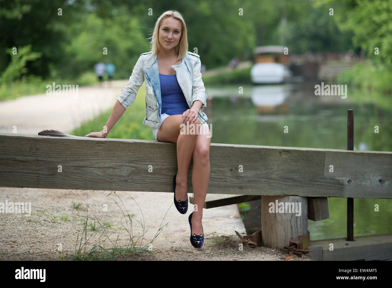 Carderock / Great Falls Maryland, Potomac River - portrait of blond woman by  C&O canal Stock Photo