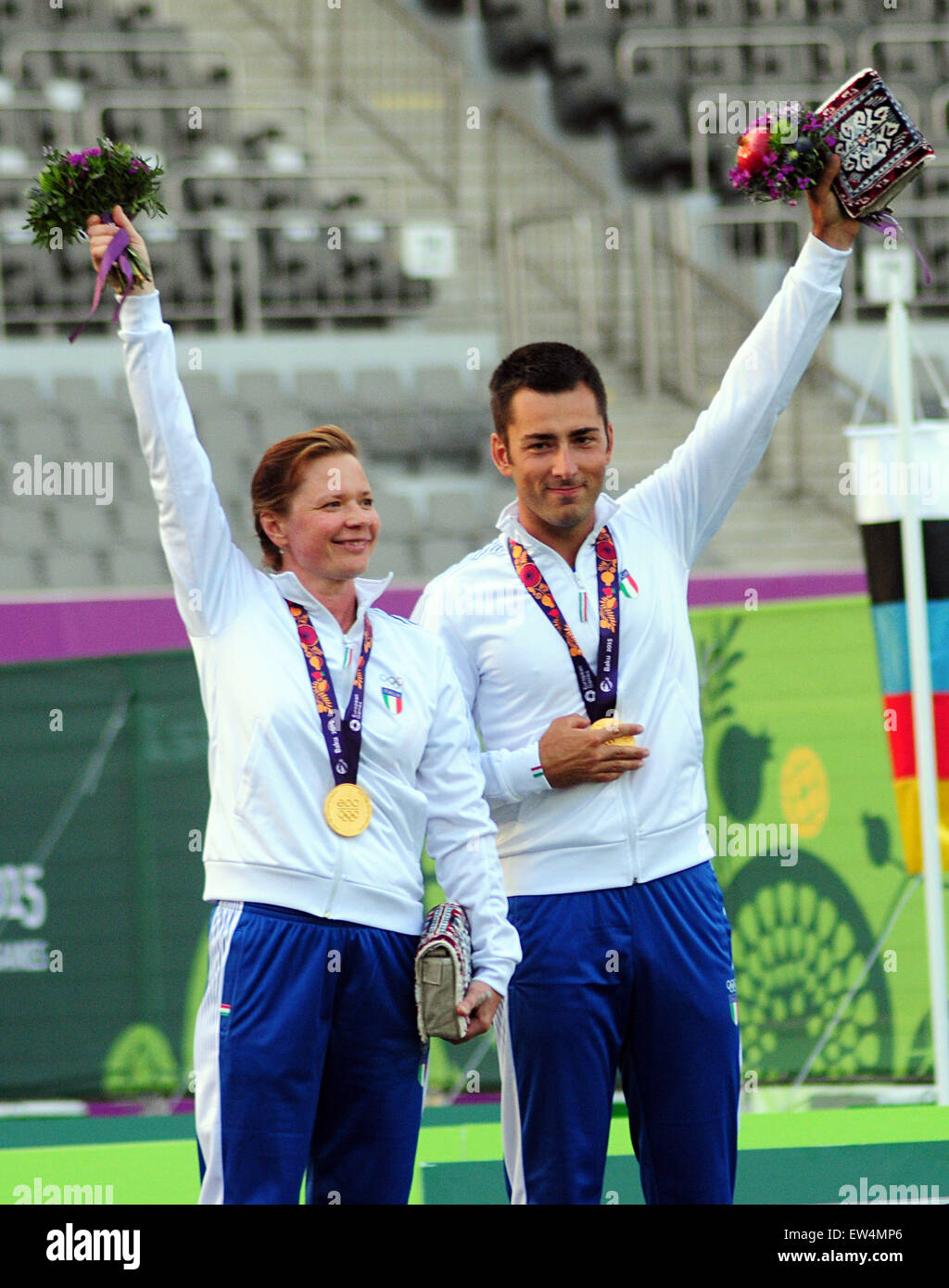 Baku. 17th June, 2015. Members of the Italian team attend the awarding ceremony for the archery mixed at the European Games in Azerbaijan's capital of Baku on June 17, 2015. Italy won the gold medal of the team event. © Tofik Babayev/Xinhua/Alamy Live News Stock Photo