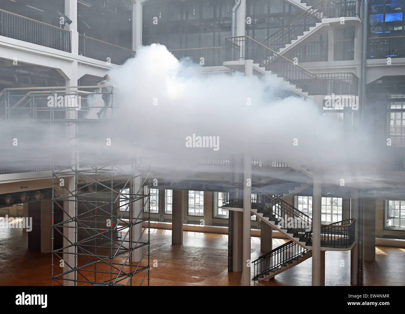 Karlsruhe, Germany. 16th June, 2015. The installation 'Cloudscapes' by Transsolar and Tetsuo Kondo can be seen in the centre for art and media technology in Karlsruhe, Germany, 16 June 2015. The installation is an artificial cloud in the premises of the c Stock Photo