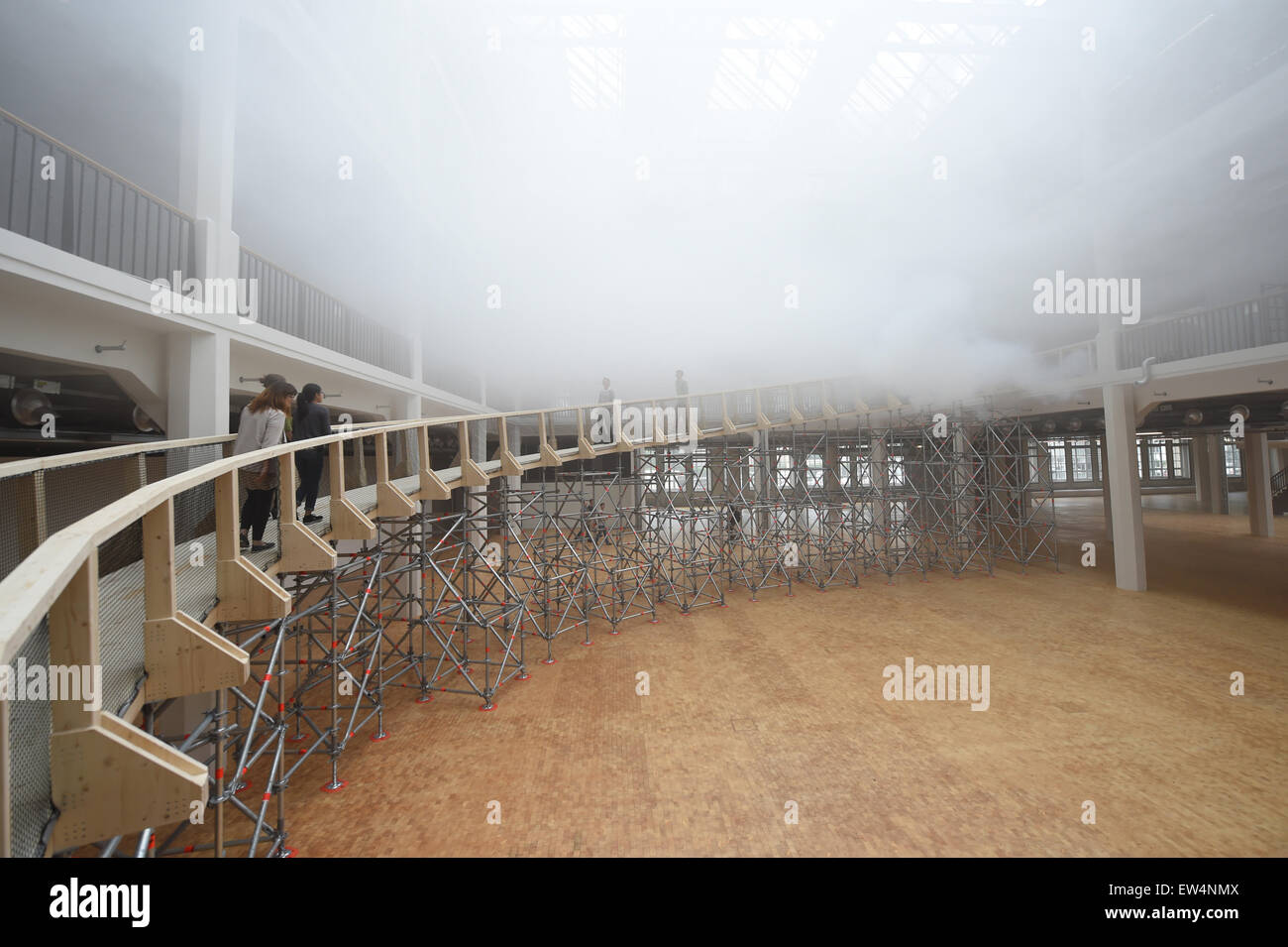 Karlsruhe, Germany. 16th June, 2015. The installation 'Cloudscapes' by Transsolar and Tetsuo Kondo can be seen in the centre for art and media technology in Karlsruhe, Germany, 16 June 2015. The installation is an artificial cloud in the premises of the c Stock Photo
