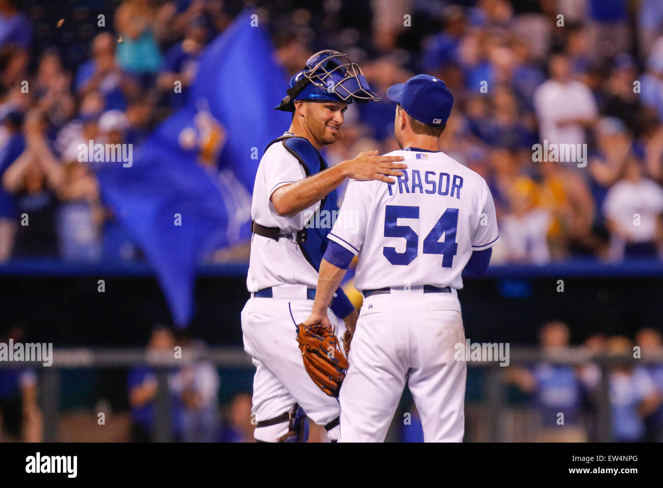 Kansas City, USA. 17th June, 2015. Jason Frasor #54 and Drew Butera #9 of the Kansas City Royals celebrate after the MLB game between the Milwaukee Brewers and the Kansas City Royals at Kauffman Stadium in Kansas City MO Credit:  Cal Sport Media/Alamy Live News Stock Photo