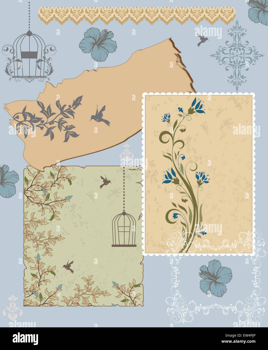 Vintage invitation card with ornate elegant retro abstract floral design, bluish gray and light brown flowers and leaves on grayish green beige and bluish gray background with frame borders birds and text label. Vector illustration. Stock Vector