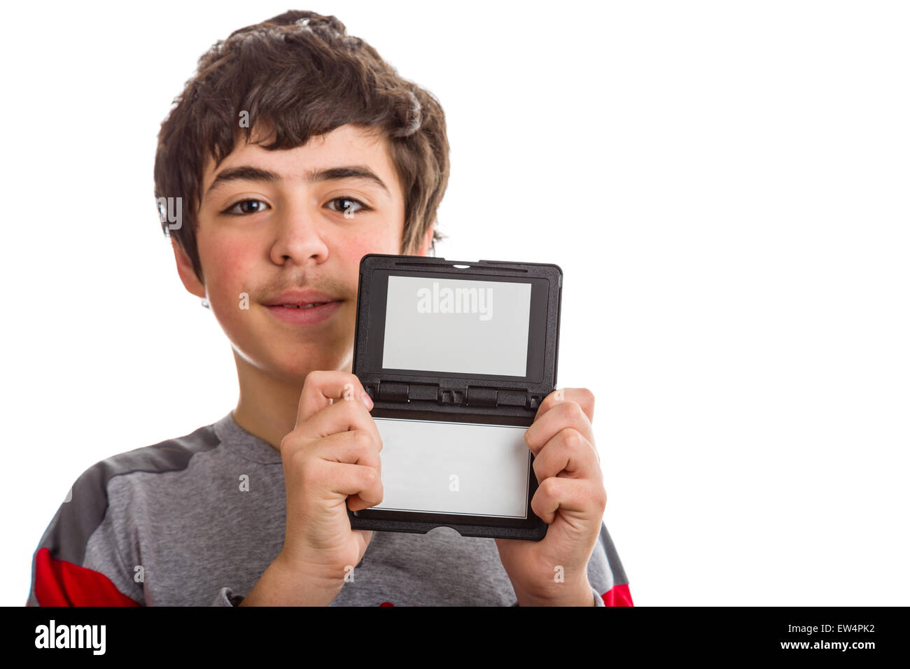 Calm and confident Caucasian boy wearing a grey sweatshirt  holds a  blank black and grey plastic signboard Stock Photo