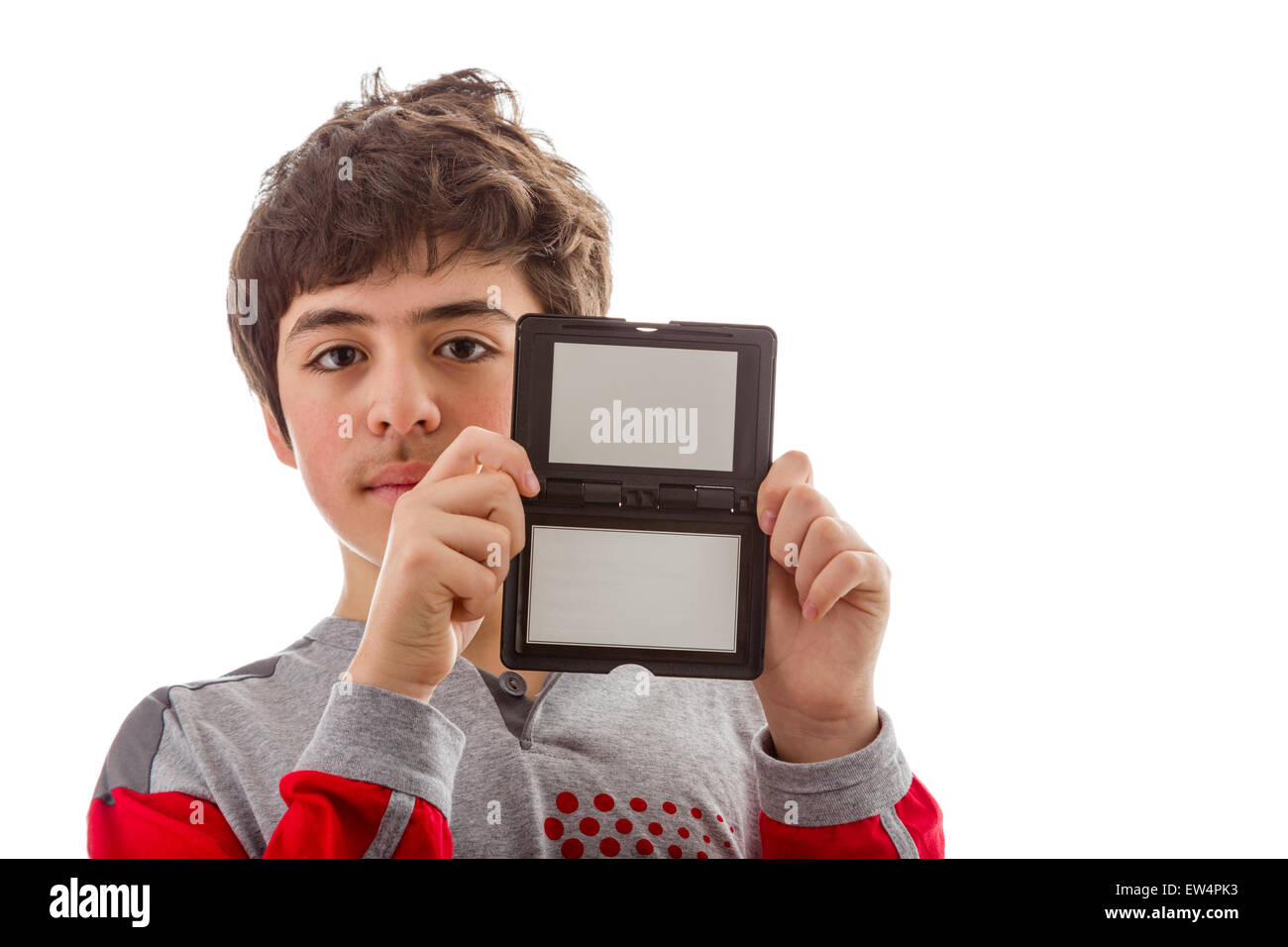 Calm and confident Caucasian boy wearing a grey sweatshirt  holds a  blank black and grey plastic signboard Stock Photo