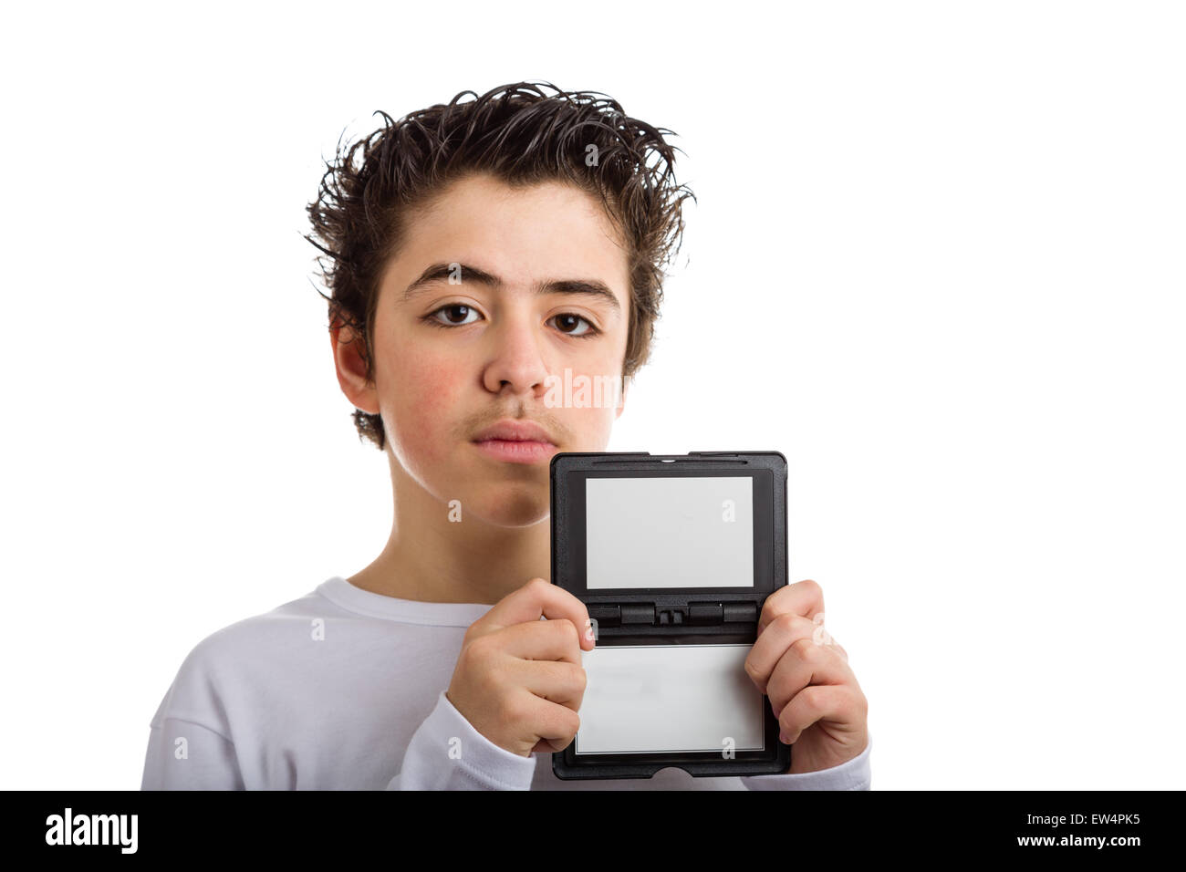 Calm and confident Caucasian boy wearing a white long sleeved t-shirt  holds a  blank black and grey plastic signboard Stock Photo