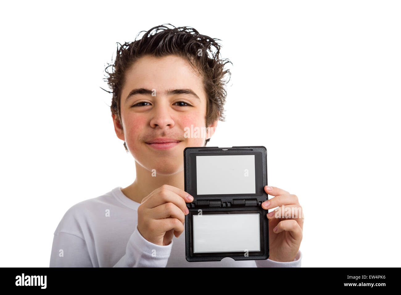 Calm and confident Caucasian boy wearing a white long sleeved t-shirt  holds a  blank black and grey plastic signboard Stock Photo