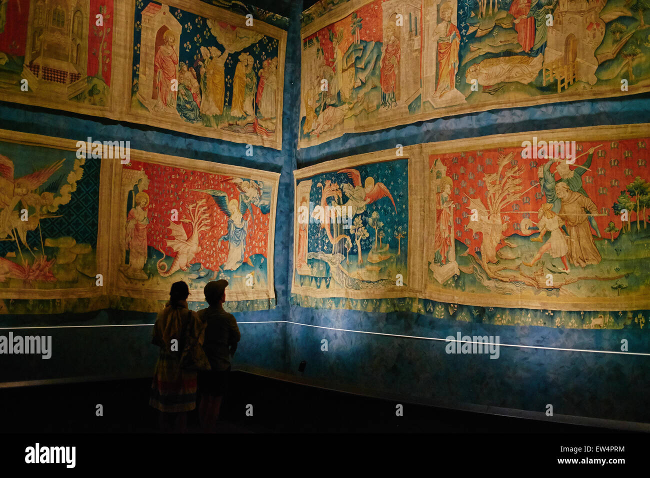 France, Maine-et-Loire, Angers, Apocalypse of Angers Tapestries on Display at Chateau d'Angers Stock Photo