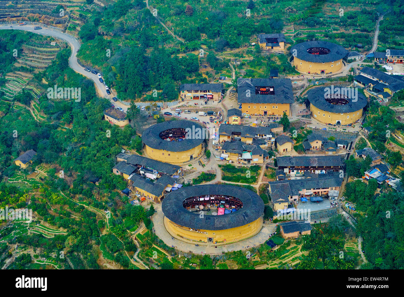 China, Fujian province, Tian Luokeng village, Tulou mud house. well known as the Hakka Tulou region, in Fujian. In 2008, UNESCO  Stock Photo