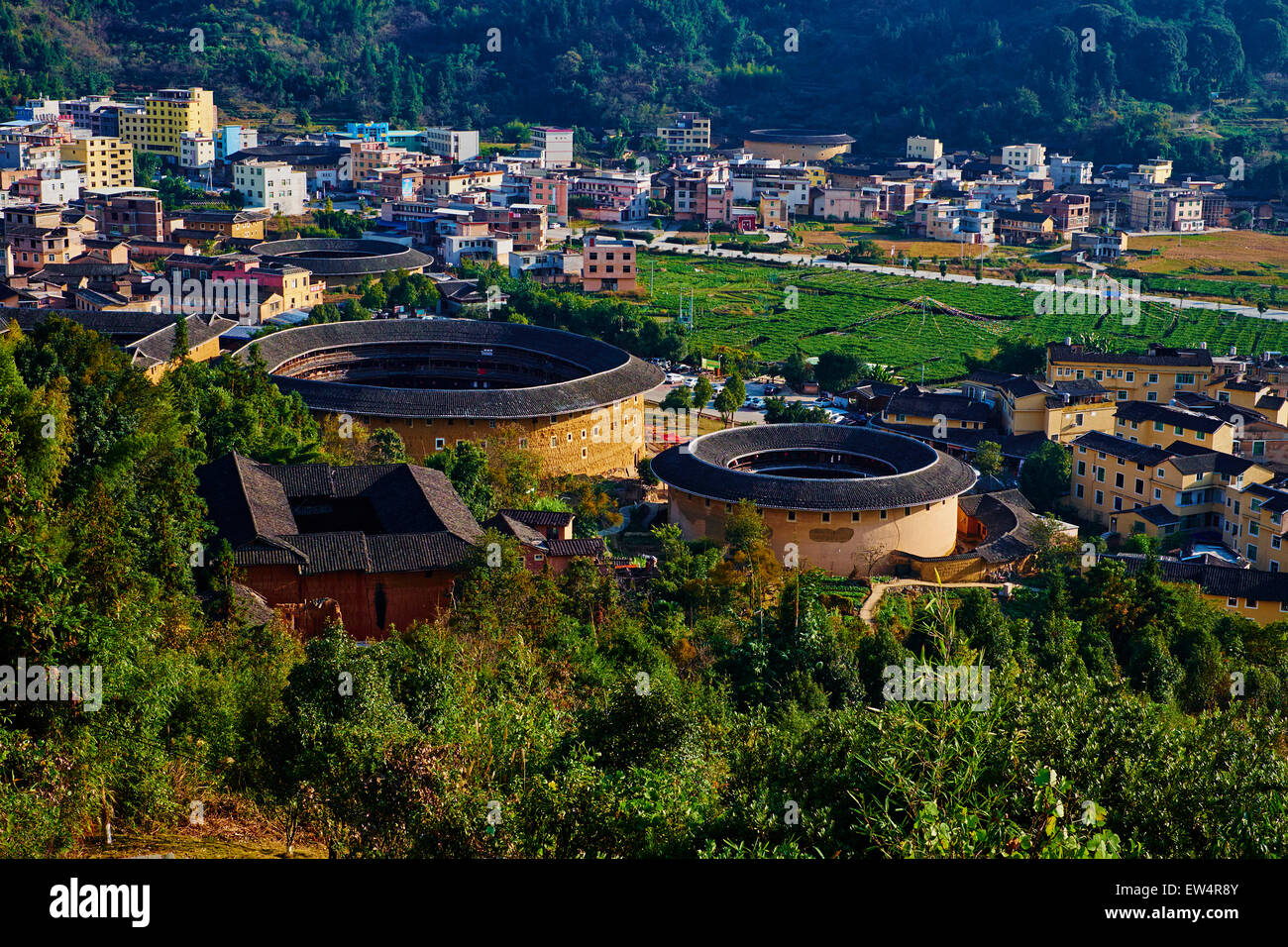 China, Fujian province, Zhencheng Lou village, Tulou mud house. well known as the Hakka Tulou region, in Fujian. In 2008, UNESCO Stock Photo