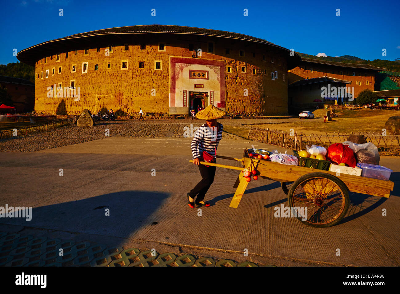 China, Fujian province, Zhencheng Lou village, Tulou mud house. well known as the Hakka Tulou region, in Fujian. In 2008, UNESCO Stock Photo