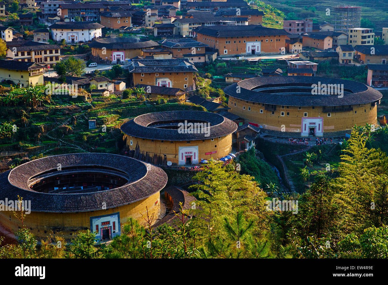 China, Fujian province, Chuxi village, Tulou mud house. well known as the Hakka Tulou region, in Fujian. In 2008, UNESCO granted Stock Photo