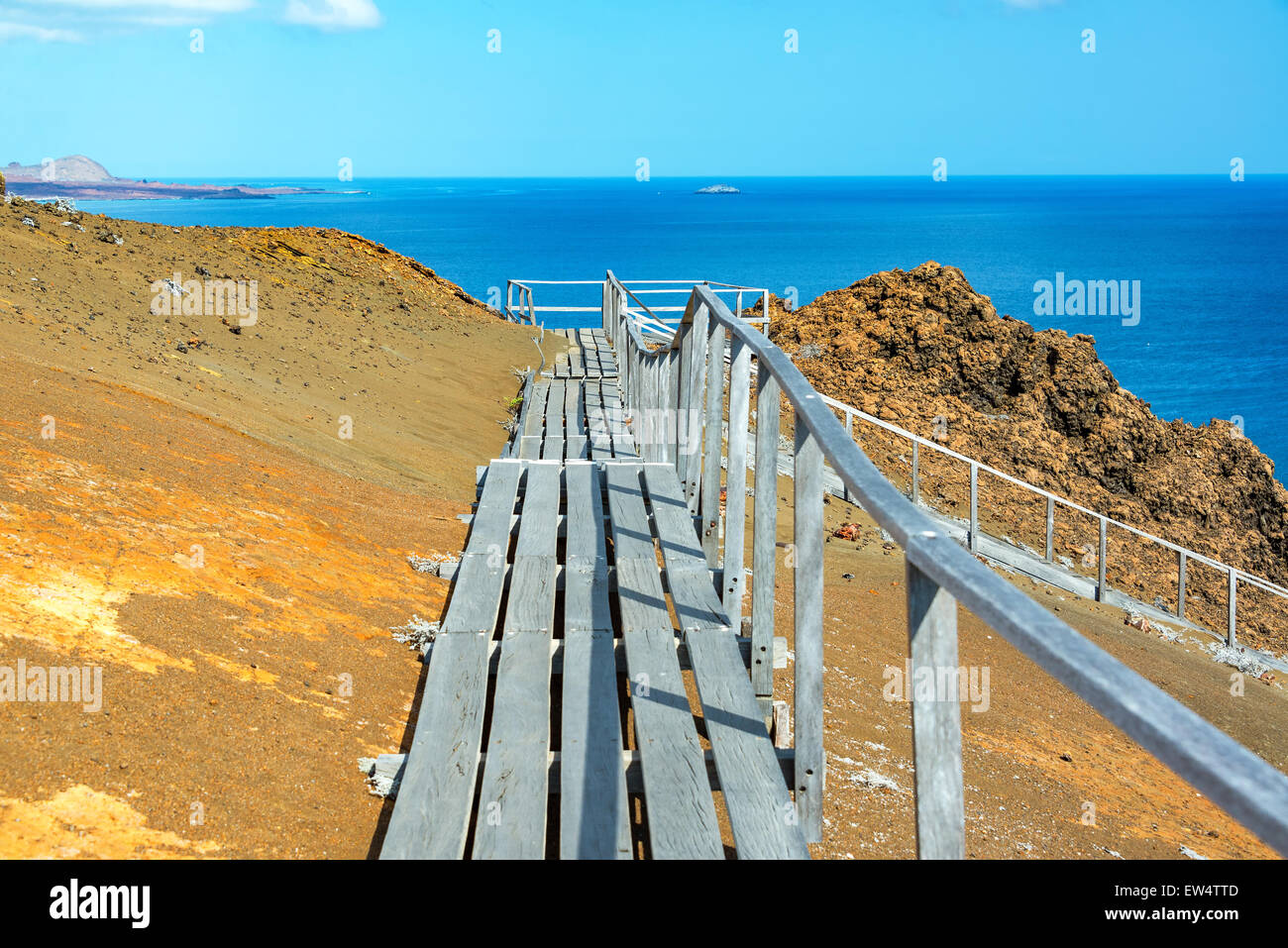 Path through the volcanic landscape of Bartolome Island in the Galapagos Islands in Ecuador Stock Photo