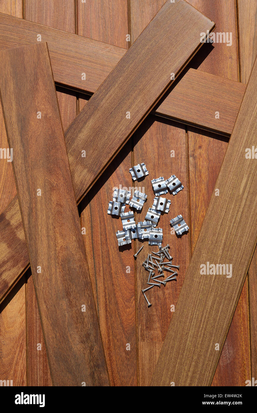 Ipe decking deck wood installation screws clips and fasteners Stock