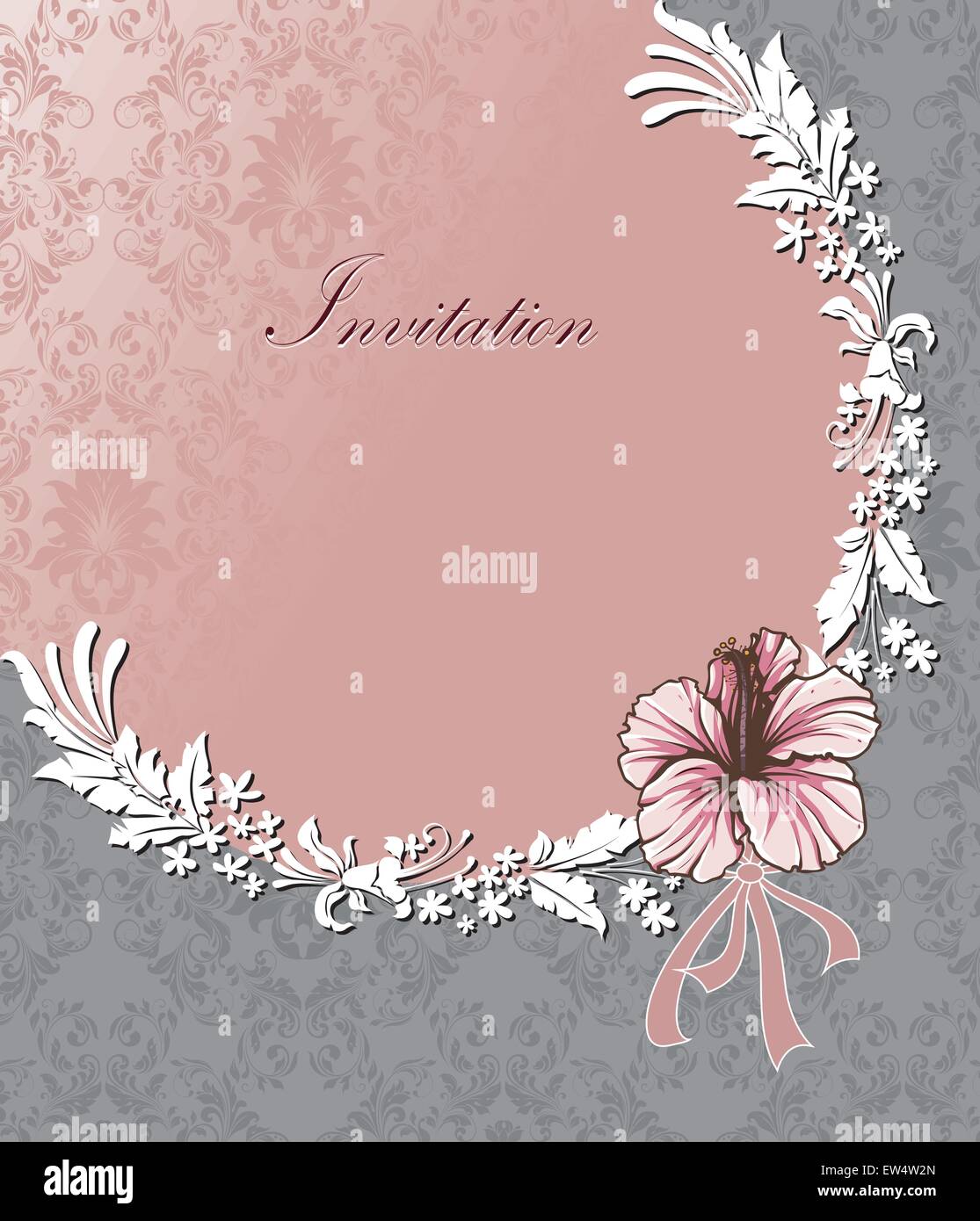 Vintage invitation card with ornate elegant retro abstract floral design,  pink and white flowers and leaves in semi-circle arrangement on light pink  and gray background with ribbon and text label. Vector illustration