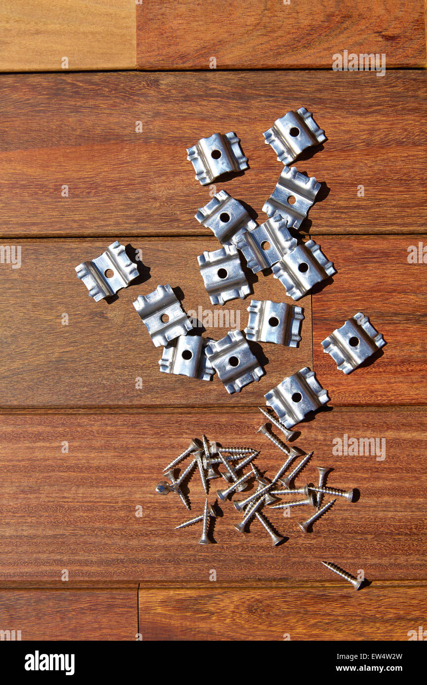 Ipe decking deck wood installation screws clips and fasteners Stock