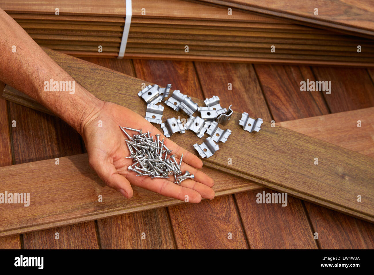 Ipe decking deck wood installation screws clips and fasteners Stock