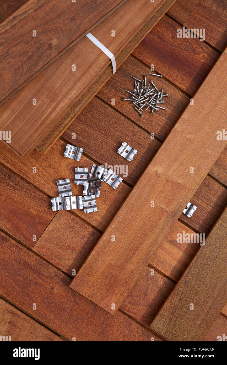 Ipe decking deck wood installation screws clips and fasteners Stock