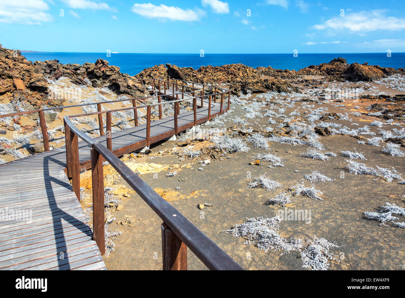 Boardwalk passing through Bartolome Island in the Galapagos Islands Stock Photo