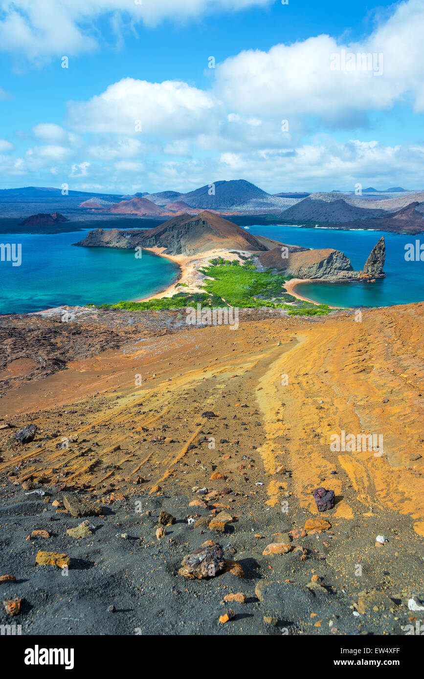 Vertical view of the landscape around Pinnacle Rock in Bartolome Island in the Galapagos Islands Stock Photo