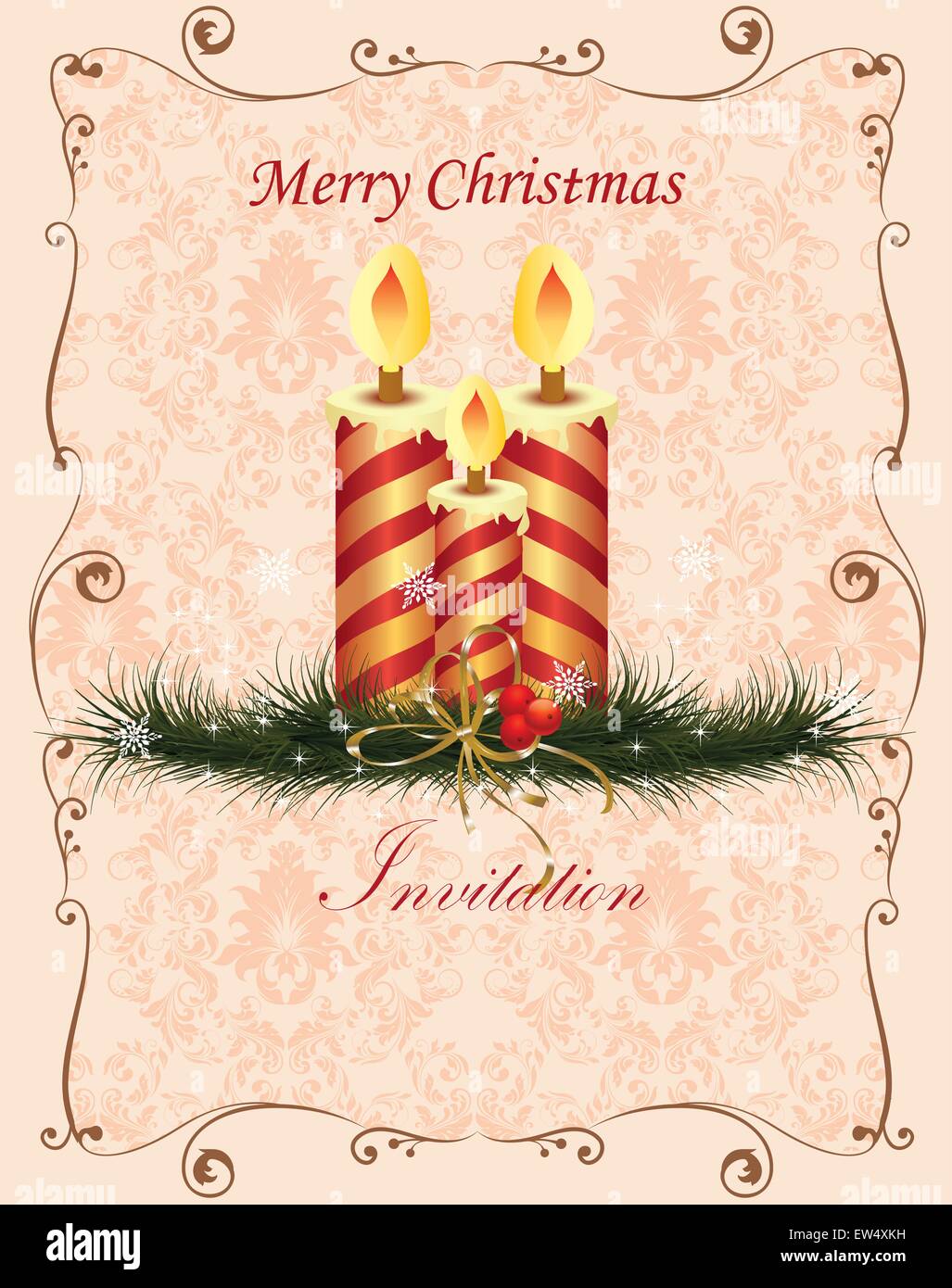 Vintage Christmas card with ornate elegant retro abstract floral design, red and gold striped candles on light orange pink flowers and leaves on beige background with cherries ribbon pine needles frame border and text label. Vector illustration. Stock Vector