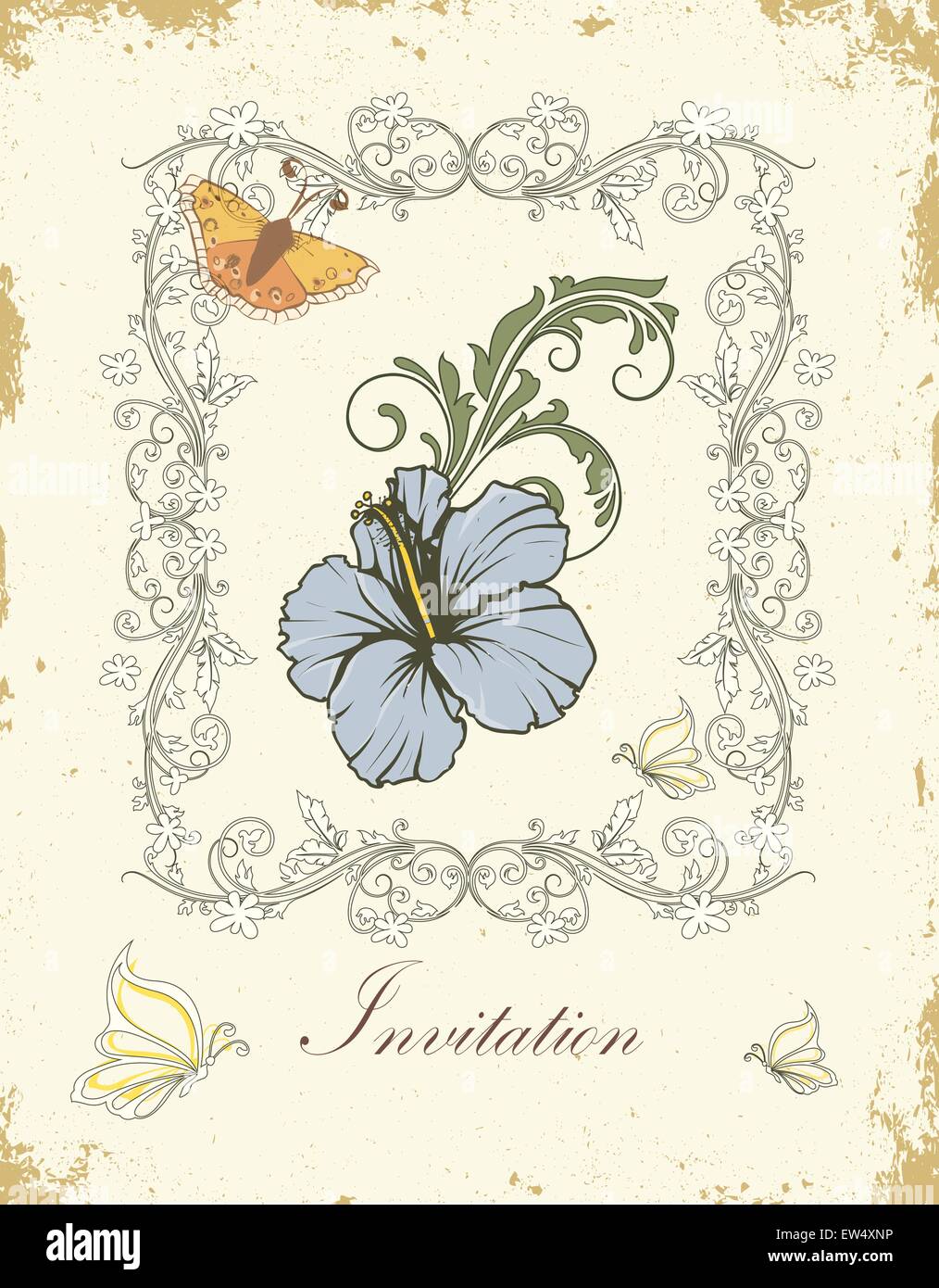 Vintage invitation card with ornate elegant retro abstract floral design, light blue dark olive green and white flowers and leaves on scratch textured light yellow background with butterflies moths frame border and text label. Vector illustration. Stock Vector