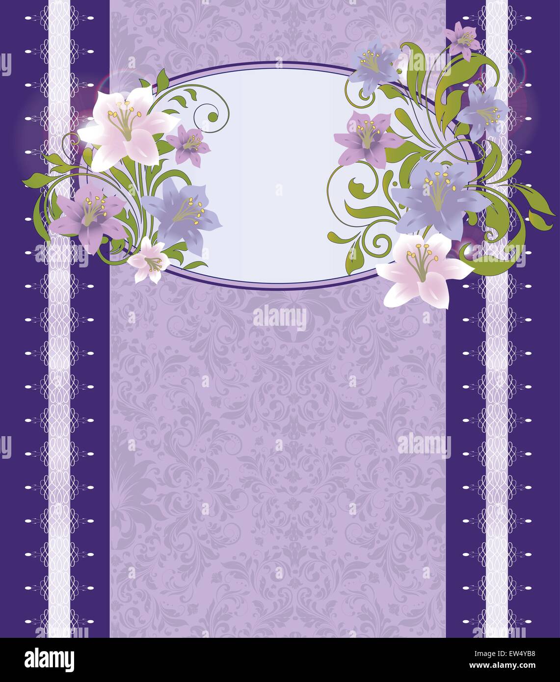 Vintage invitation card with ornate elegant retro abstract floral design,  pink violet and purple flowers and green leaves on blue violet background  with border and text label. Vector illustration Stock Vector Image