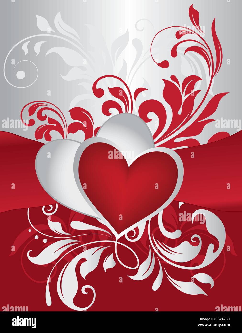 Vintage Valentine card with ornate elegant retro abstract floral design,  bright gray and red flowers and leaves on gray and red background with  heart text label. Vector illustration Stock Vector Image \u0026, image size:1011x1390