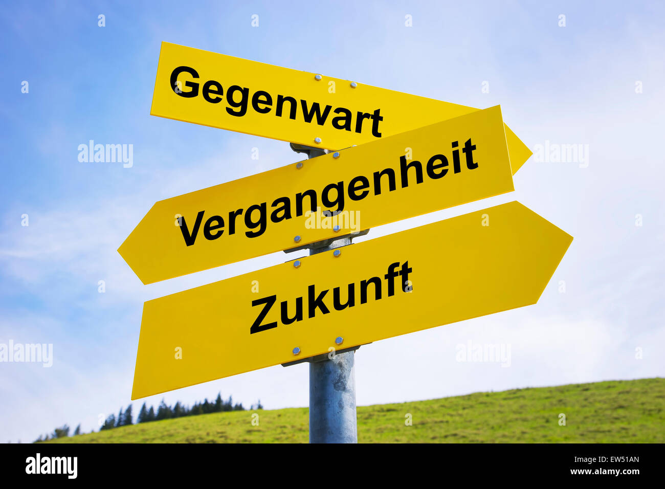 Three yellow arrow signs with German caption Gegenwart, Vergangenheit, Zukunft (in english present, past, future) Stock Photo
