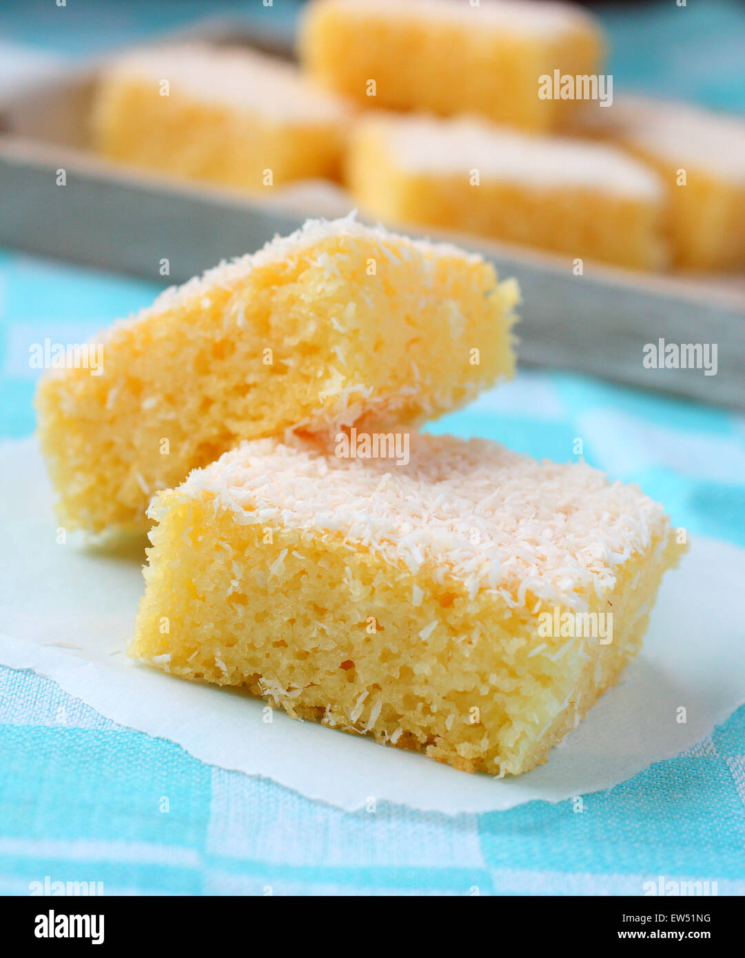 Semolina cake with coconut on a blue background Stock Photo