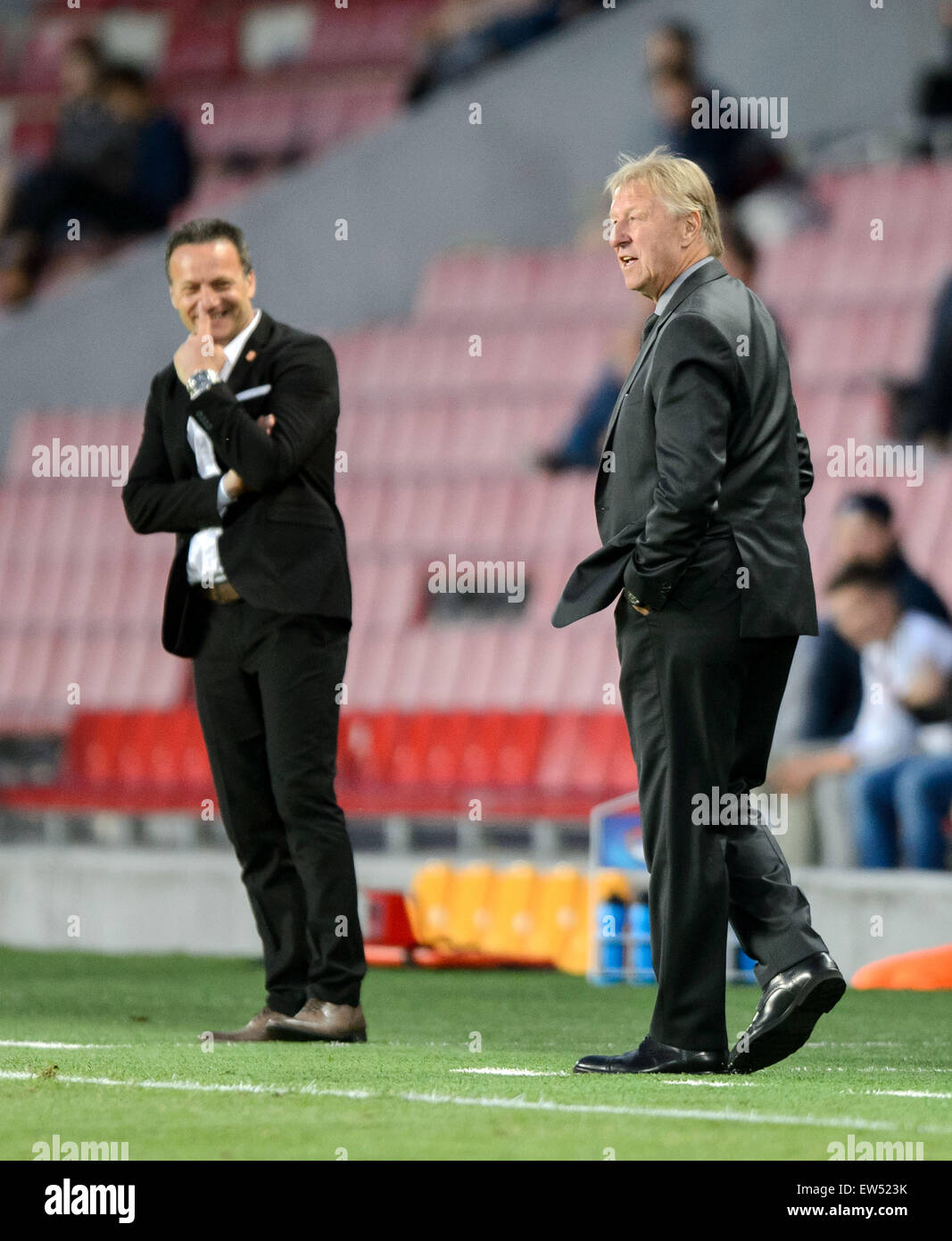 Prague, Czech Republic. 17th June, 2015. Germany's coach Horst Hrubesch (R) and Serbia's coach Mladen Dodic at the touchline during the UEFA Under-21 European Championships 2015 group A soccer match between Germany and Serbia at Letna Stadium in Prague, C Stock Photo