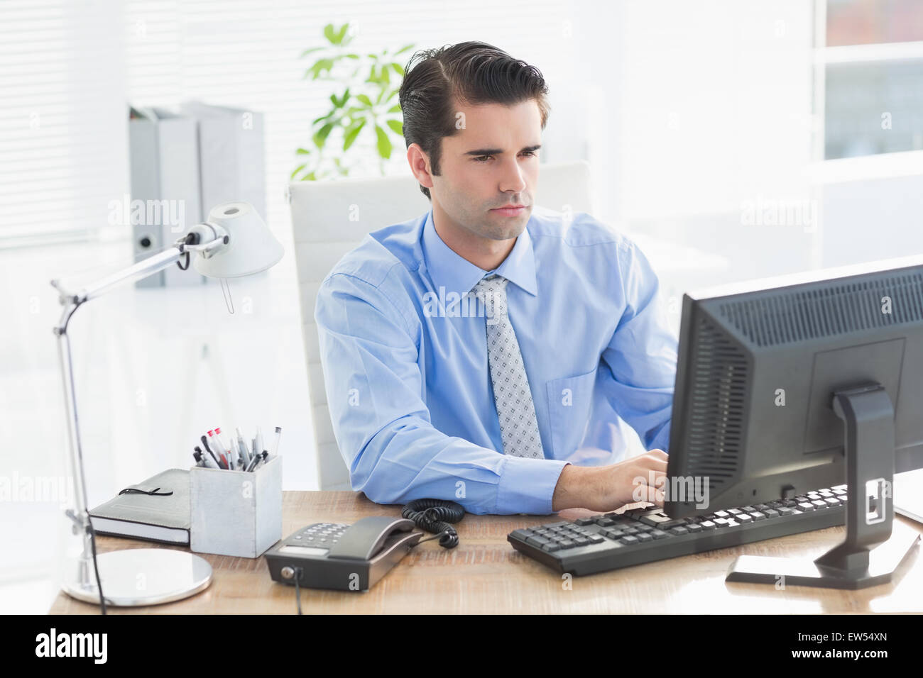 Concentrated businessman typing on the keyboard Stock Photo