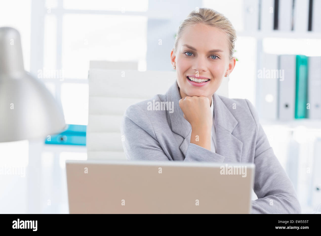 Smiling businesswoman using her computer Stock Photo - Alamy
