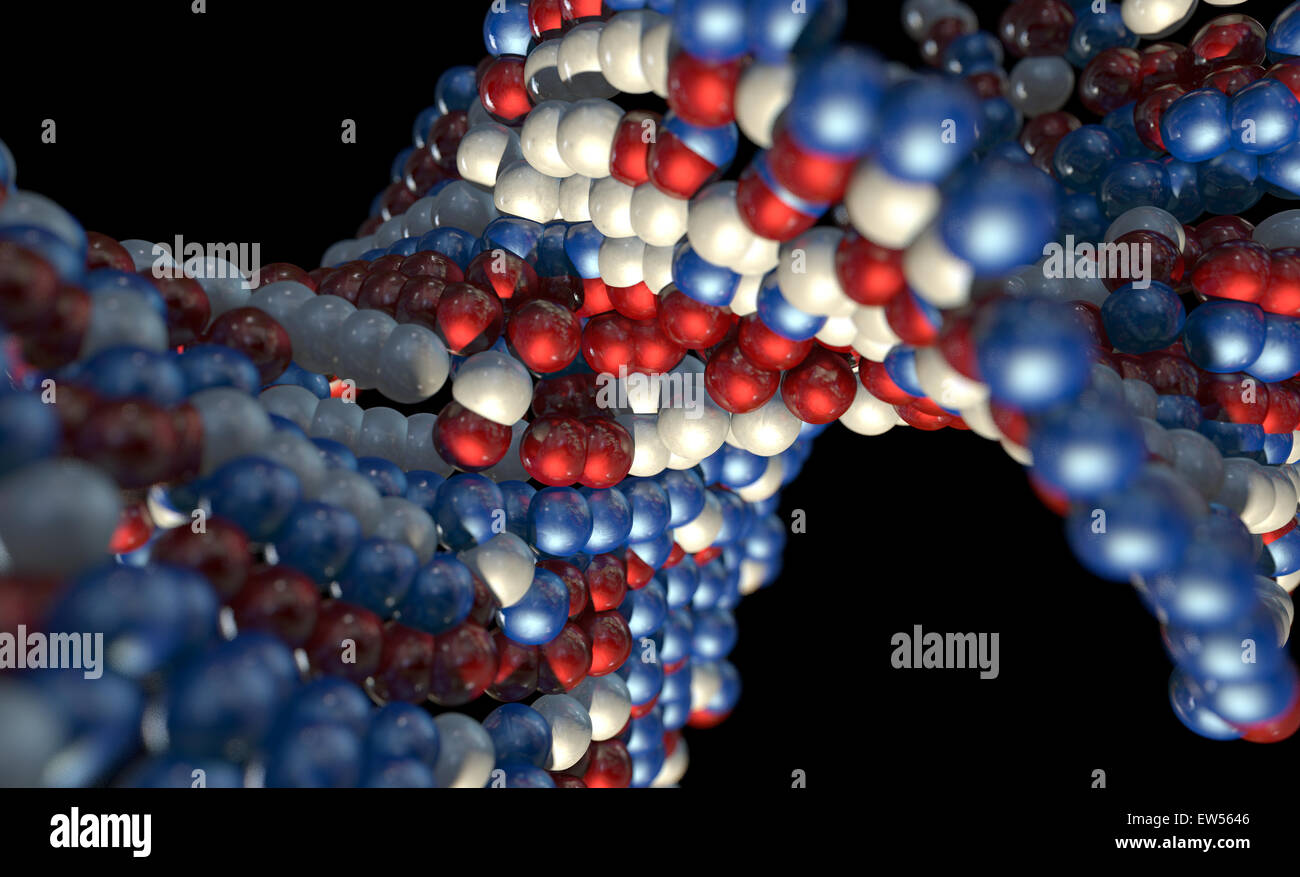 A microscopic view of a sequenced pattern of DNA style red blue and white atoms on an isolated background Stock Photo