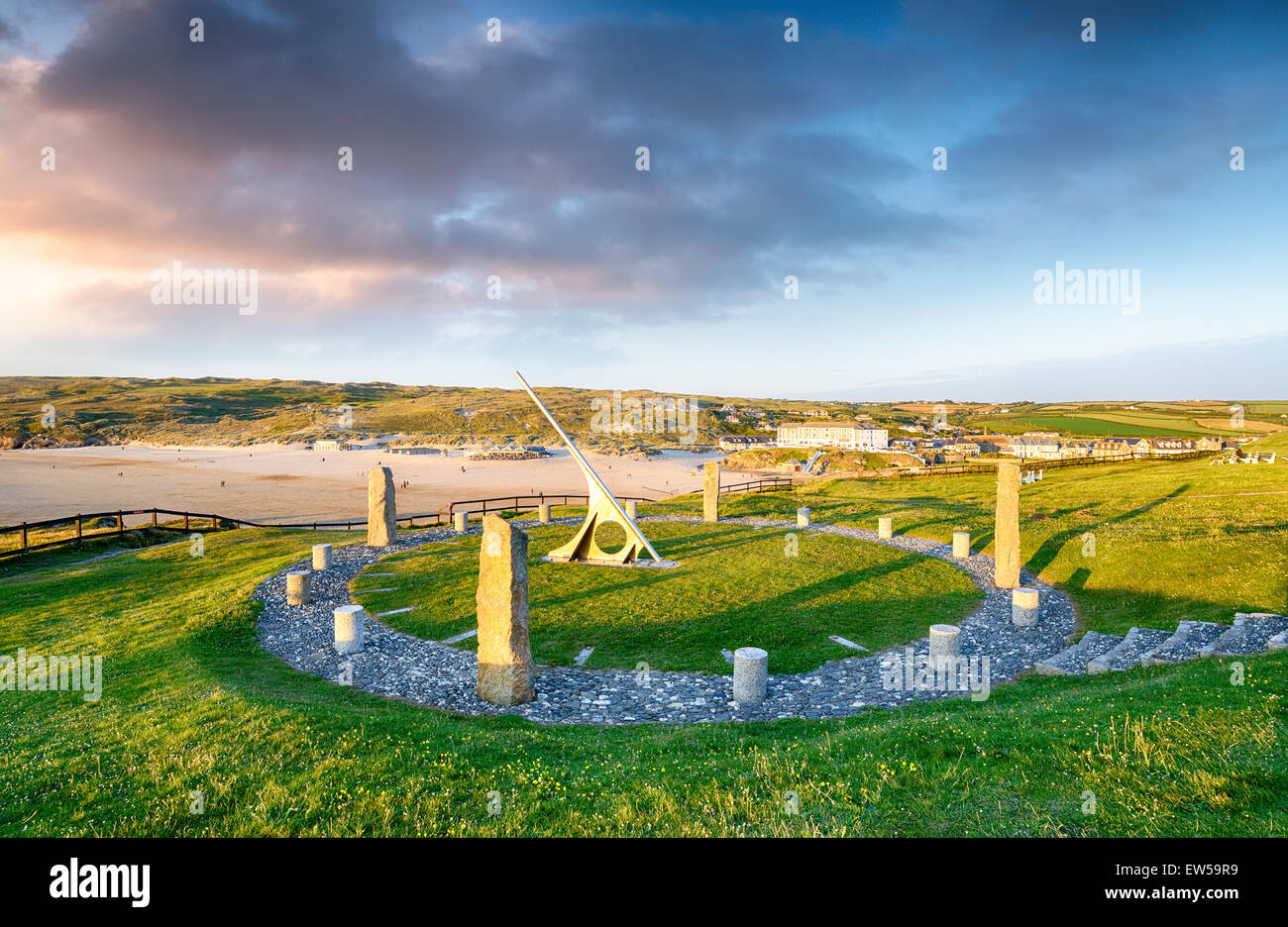 A giant sundial overlooking the beach at Perranporth in Cornwall, built as part of the Millennium Celebrations to tell the Corni Stock Photo