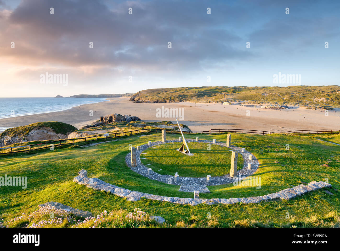 A giant sundial above the beach at Perranporth in Cornwall Stock Photo