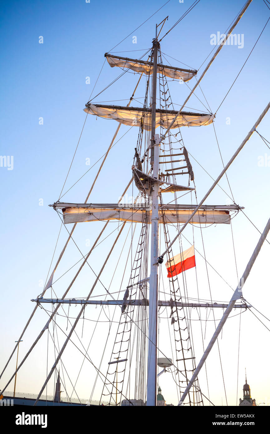 Mast of a sailing ship moored in Szczecin at sunset, Poland. Stock Photo